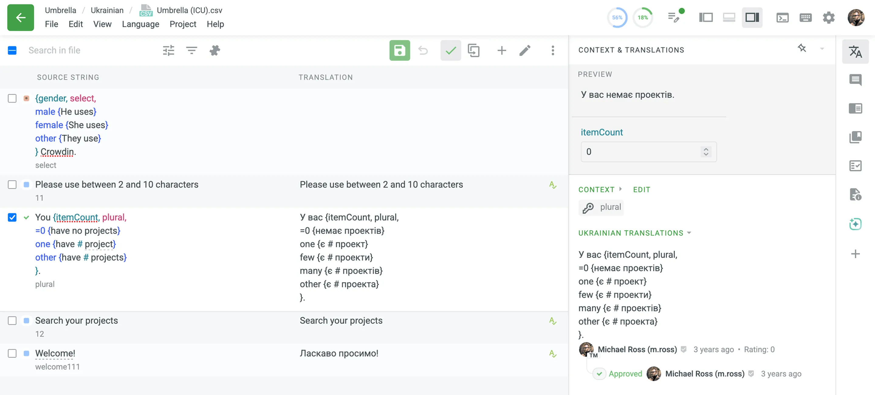 ICU Message syntax in the Editor